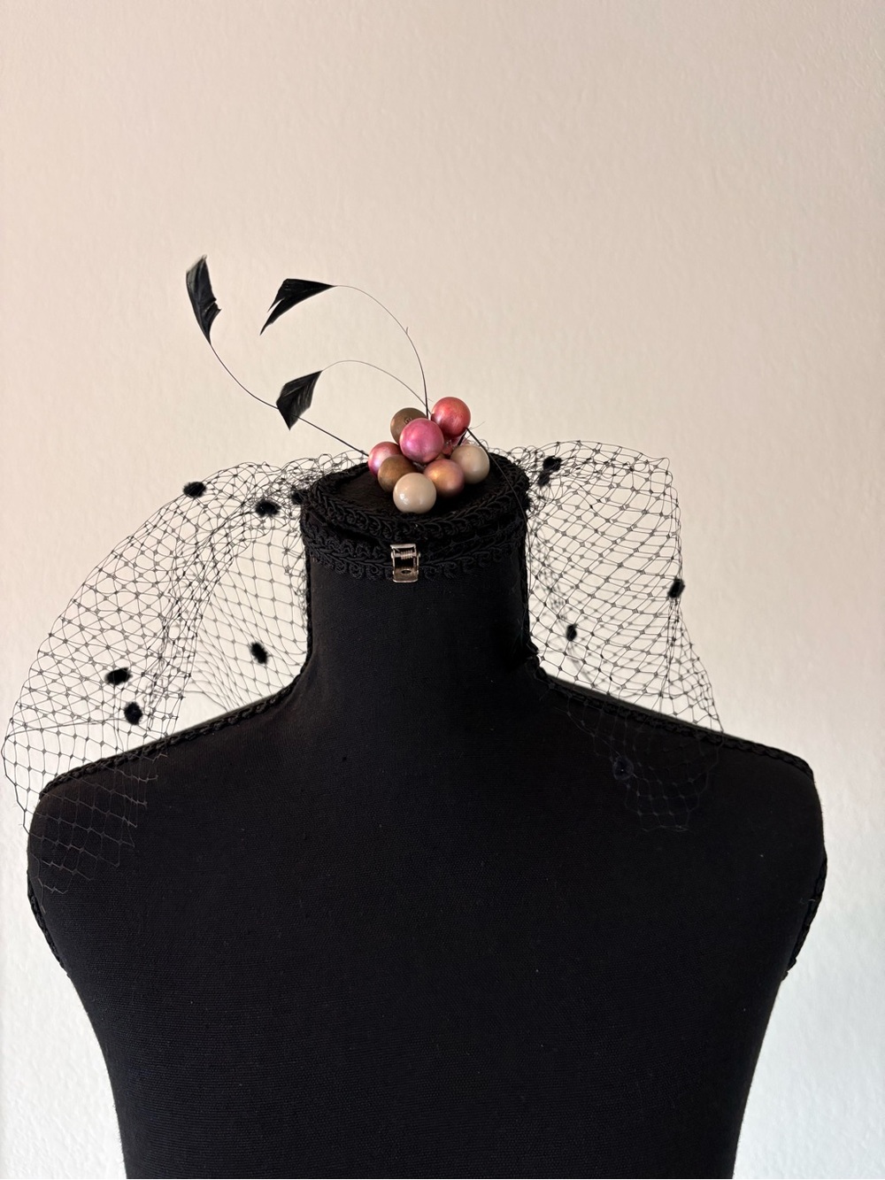 Black Veiled Fascinator with Feathers and Pink Pearl Accents - Picture 4 of 12